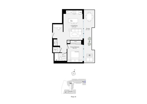 Floor plan for 1 bed, 1 bath, 586 sqft